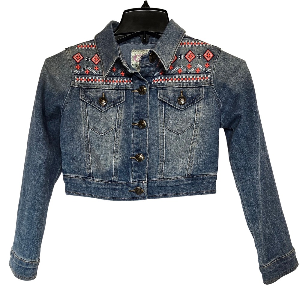 GB Girls Denim Jacket Embroidered Crop Blue Jean Kids Size Medium